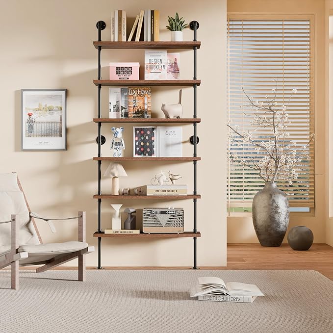 6 Tier Industrial Ladder Shelf Bookcase, Wall Mounted Rustic Bookshelf by ANYNICE