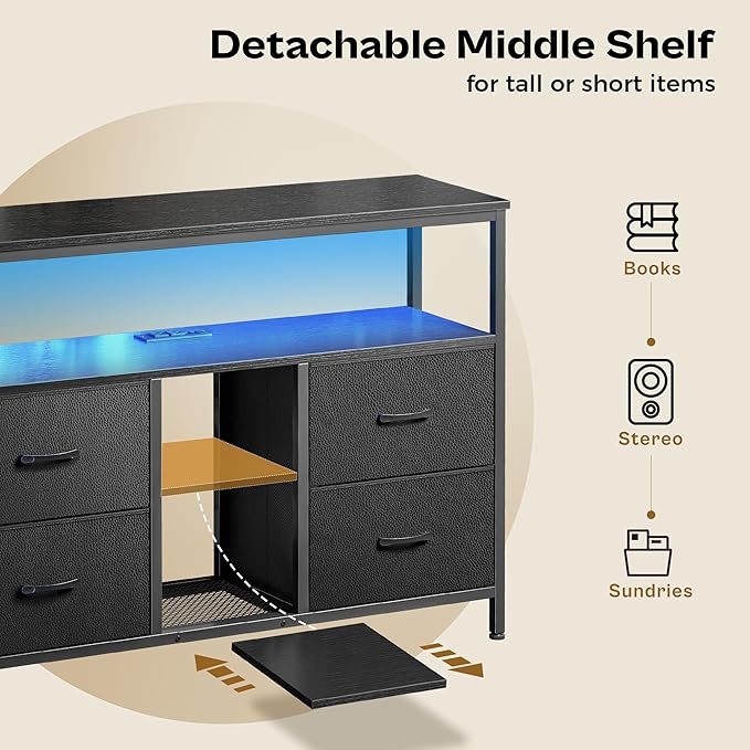 Huuger TV Stand Dresser with Power Outlets and LED Lights, 4 Drawers - Image 5