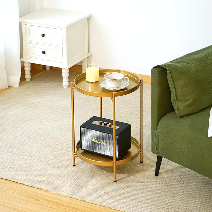 2-Tier Round End Side Table, Small Metal Side Table - Image 8