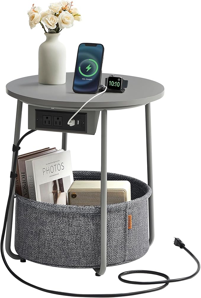 VASAGLE Side Table with Charging Station, Round End Table with Fabric Basket by VASAGLEbySONGMICSHOME