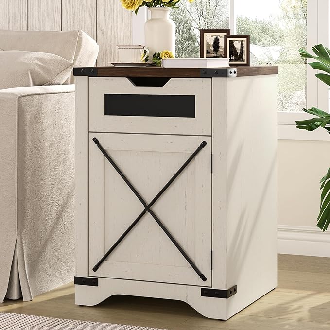 Farmhouse End Table with Charging Station, 26.4" Tall Rustic Nightstand with by FiveWillowise