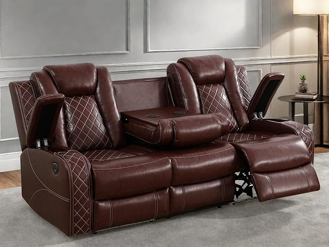 Leather Recliner Sofa Couch, 3-Seater Home Theater Seating Reclining Sofa by FONTOI