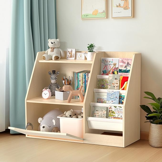 TOETOL 2 Tier Kids Bookshelf and Book Storage，4 Sling Toddler Bookshelf - Image 3