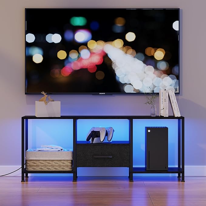 TV Stand with LED Lights, Entertainment Center with Open Shelves and Fabric - Image 2