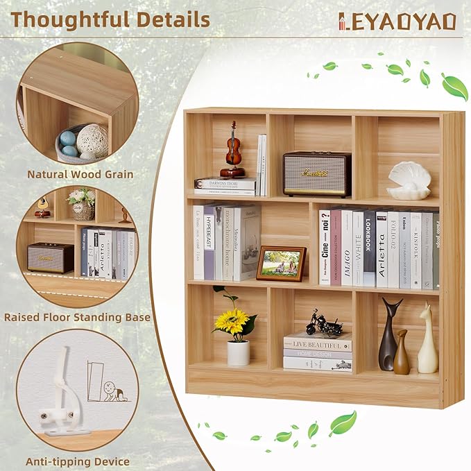 LEYAOYAO 8 Cube Bookshelf with Base, 3 Tier Mid-Century Modern Natural Bookcase - Image 6