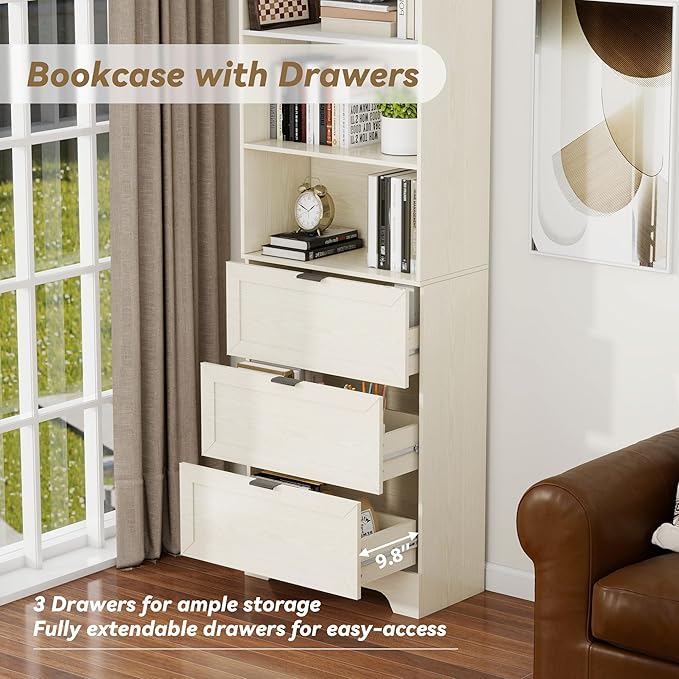 6 Tier Book Shelf with Drawers, Free Standing Tall Bookshelf with Cabinet - Image 4