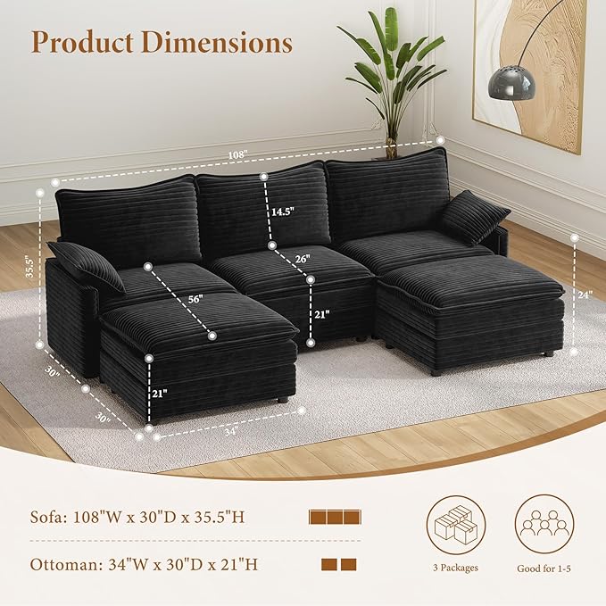 Vesgantti 108" U Shaped Sectional Couch, Comfy Cloud Modular Sectional Sofa - Image 2