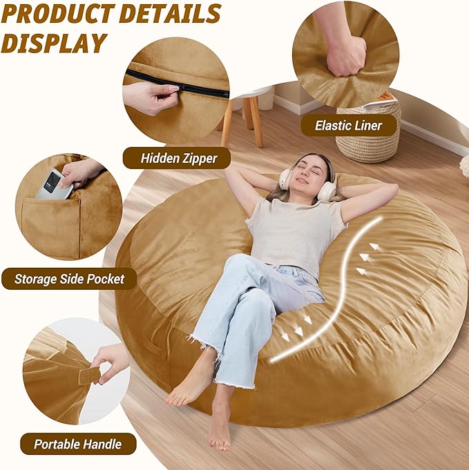 7FT Bean Bag Chair with Ultra Soft Velvet Cover Bean Bag Sofa with Memory Foam - Image 4