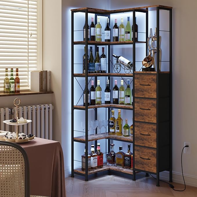 Corner Bookshelf with LED Light Strips & 4 Fabric Drawers, 6-Tier Convertible - Image 7