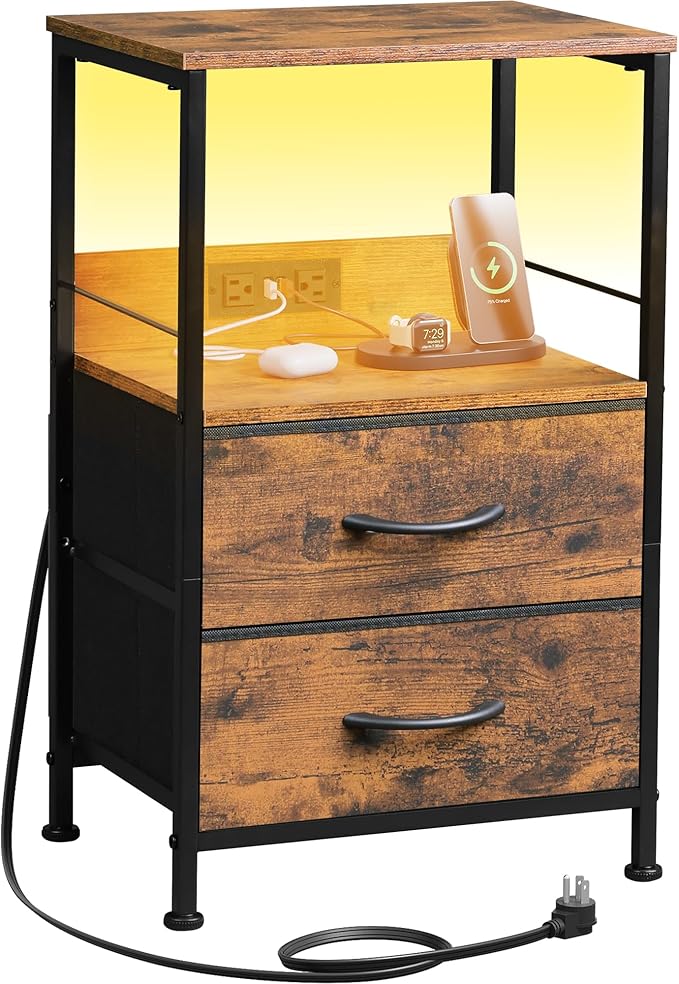 WLIVE Night Stand with Charging Station, LED Nightstand with 2 Fabric Drawers by WLIVE