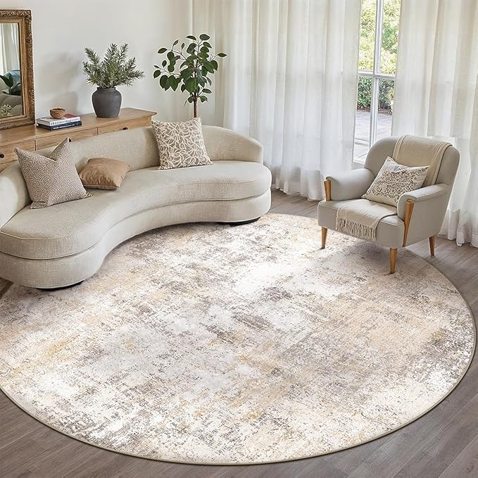 8x8 Washable Round Rug Beige Grey Neutral Abstract Living Room Bedroom Large by WondRg