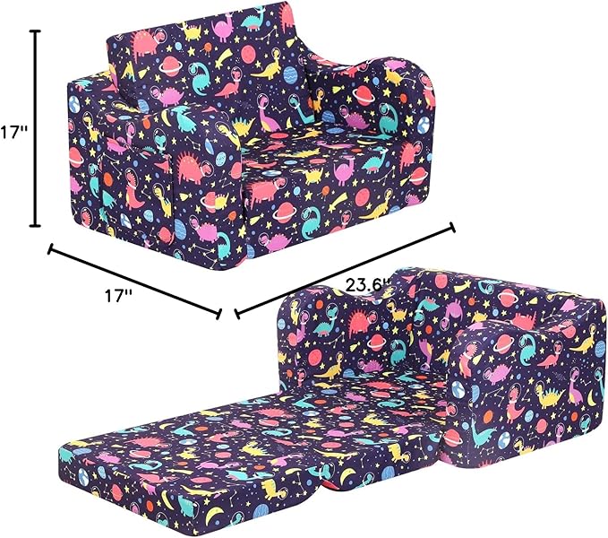 Dinosaur Kids Sofa, 2-in-1 Kids Couch Fold Out, Convertible Sofa to Bed - Image 3