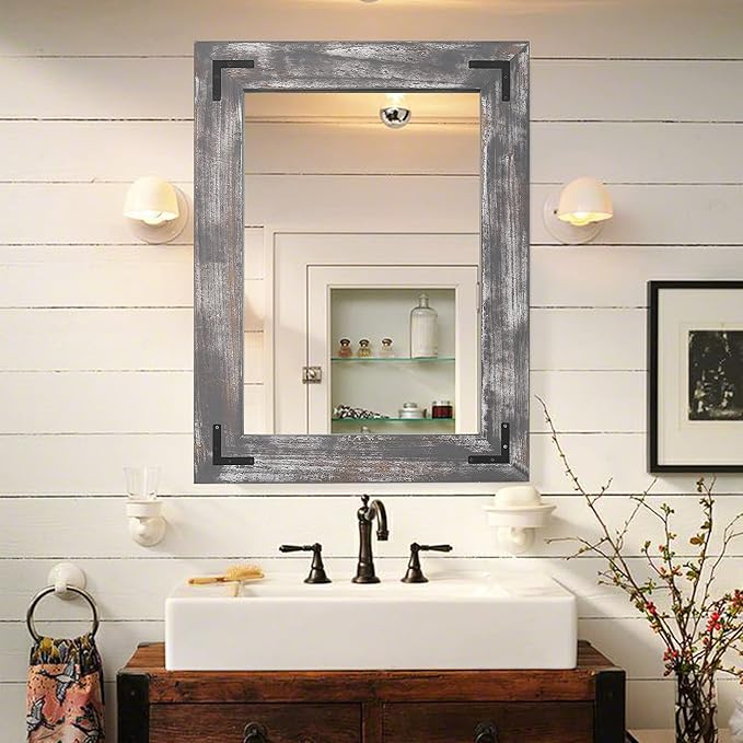 YOSHOOT Rustic Wooden Framed Wall Mirror, Natural Wood Bathroom Vanity Mirror by YOSHOOT