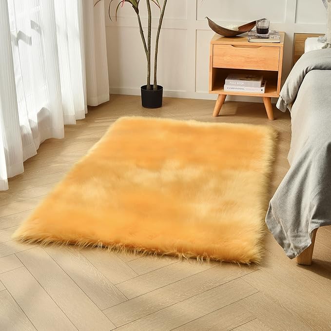 duduta Yellow Faux Sheepskin Fur Rug 3x5 ft, Fluffy Shag Bedroom Dorm Nursery by Duduta