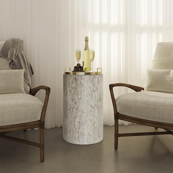 PEMAR Mother of Pearl Cylinder Drum End Table Nacre Side Stool Round Accent - Image 6