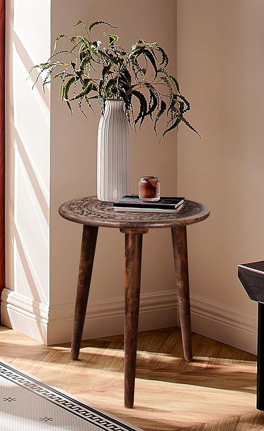 Wooden Table with 3 Legs Pillar, Carving End Tables, Round Coffee Table - Image 4