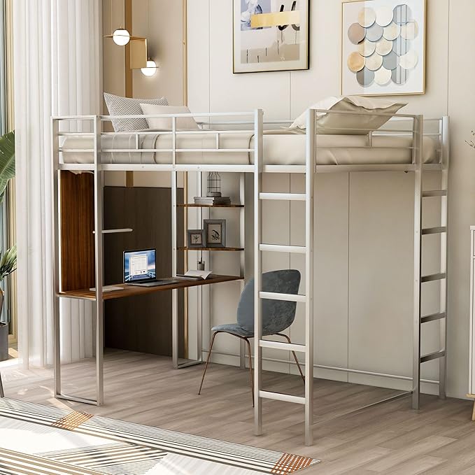 Full Size Metal Loft Bed with 2 Storage Shelves and 1 Desk, Steel Structure Bed - Image 3