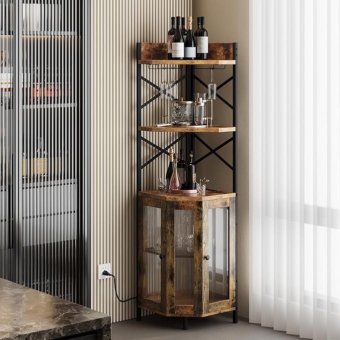 Corner Bar Cabinet with Power Outlet, 5-Tier Corner Wine Cabinet with Led Strip - Image 9