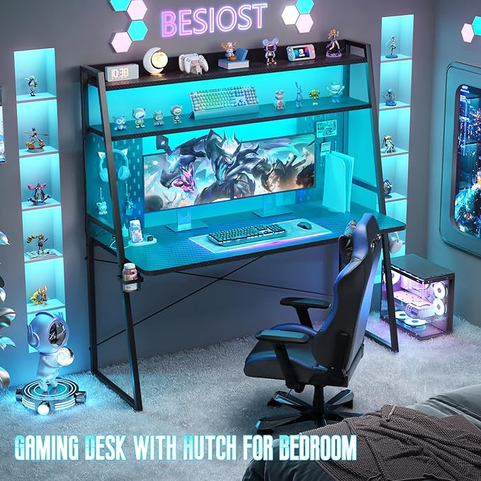 Gaming Desk with Hutch and LED Lights, Gaming Computer Desk with Power Outlets - Image 3