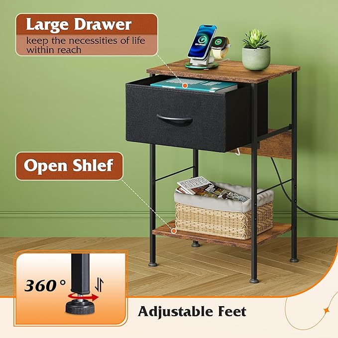 WLIVE Nightstand with Charging Station, Night Stand with 1 Fabric Drawer and - Image 5