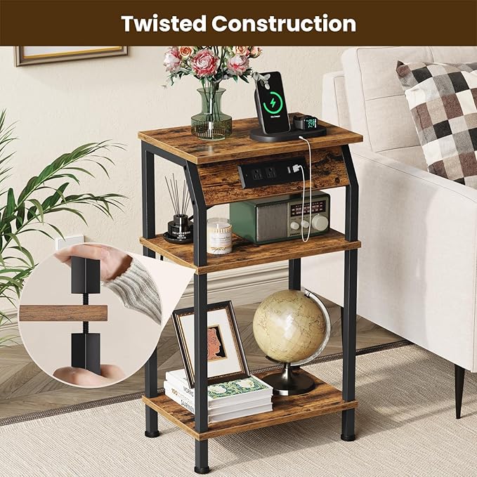 Tall Side Table with Storage, 3-Tier Small End Table with Charging Station - Image 6