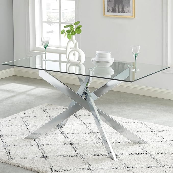 Edwin's Choice 58.5” Rectangle Glass Dining Table, Tempered Glass Tabletop and by EdwinsChoice-ModernFurniture