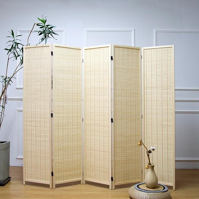 5 Panel Room Divider and Folding Panel Screen, Bamboo Panel Divider Screen - Image 2