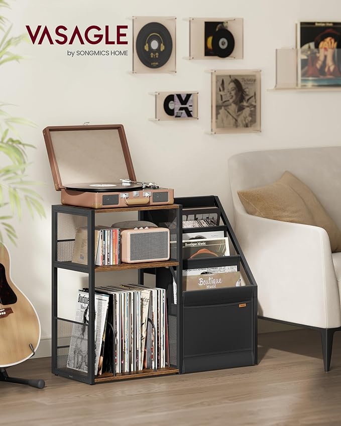 VASAGLE Record Player Stand, 3-Tier Side Table, Vinyl Record Storage up to 140 - Image 2