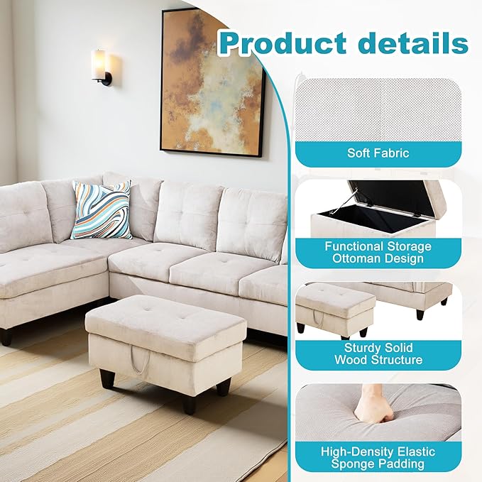 L Shaped Couch Modern Sectional Couch Upholstered Corduroy Fabric 3 Pieces Sofas - Image 5
