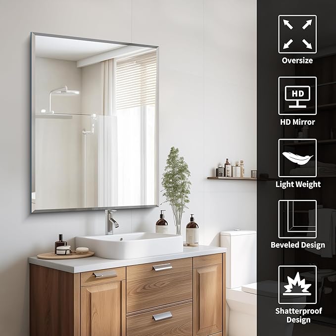 Beveled Bathroom Mirror, 30x40 Large Frameless Mirrors - Image 4