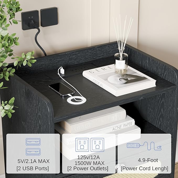 End Table Set of 2 with Charging Station, Diamond Décor Nightstands Set of 2 - Image 4
