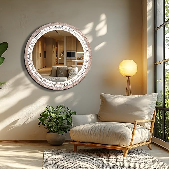 24 Inch Wooden Round Mirror for Wall Decor, Farmhouse Rustic Decorative Circle - Image 6