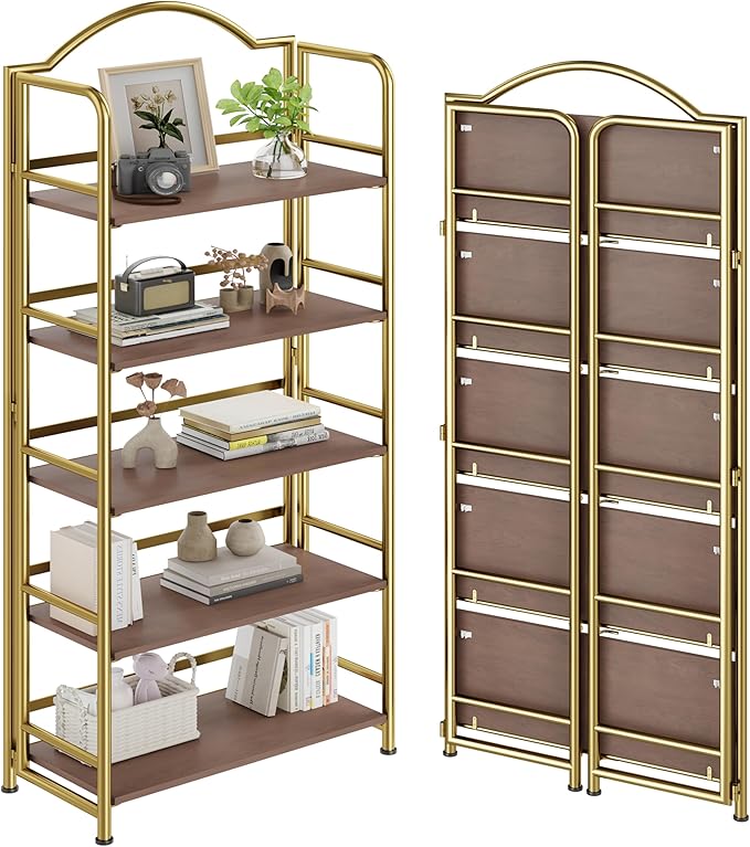 No-Assembly Gold Folding Bookshelf Storage Shelves 5 Tiers Vintage by THKKYHomeOfficeFurniture