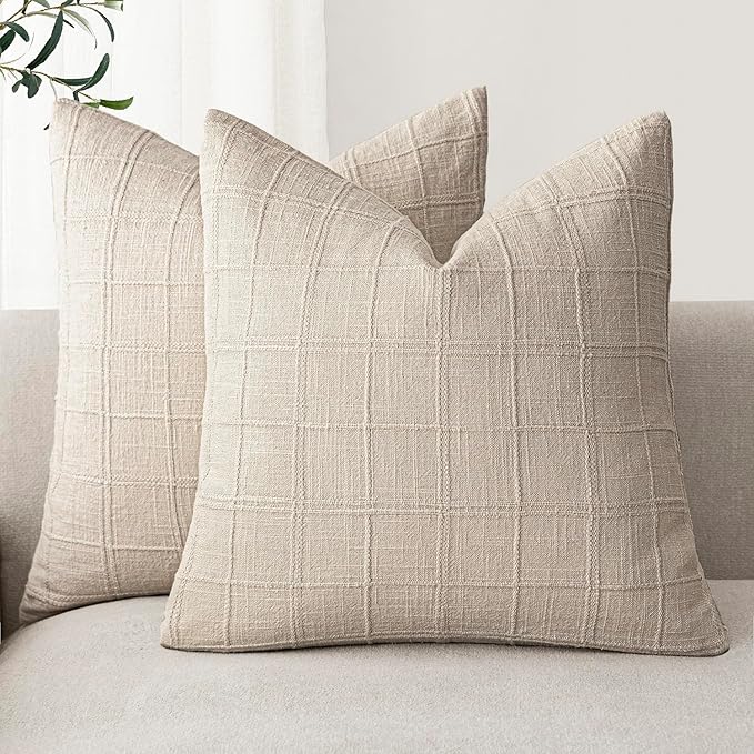Foindtower Set of 2 Decorative Linen Check Throw Pillow Covers Neutral by Foindtower