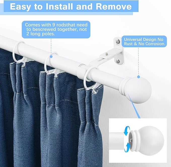 Curtain Rods for Windows 16 to 136 Inches, Curtain Rod Max Adjustable Length of - Image 2
