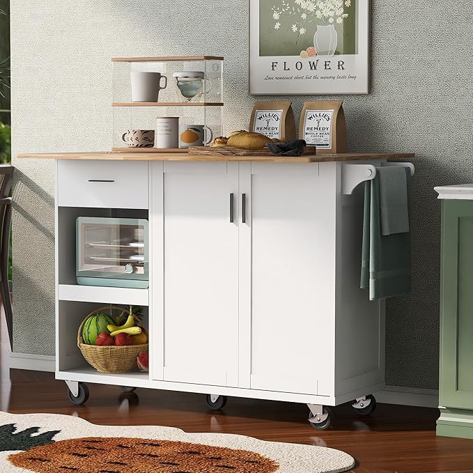 49" Foldable Kitchen Island Cart, Towel Rack & Drawer, Rolling on Wheels - Image 10