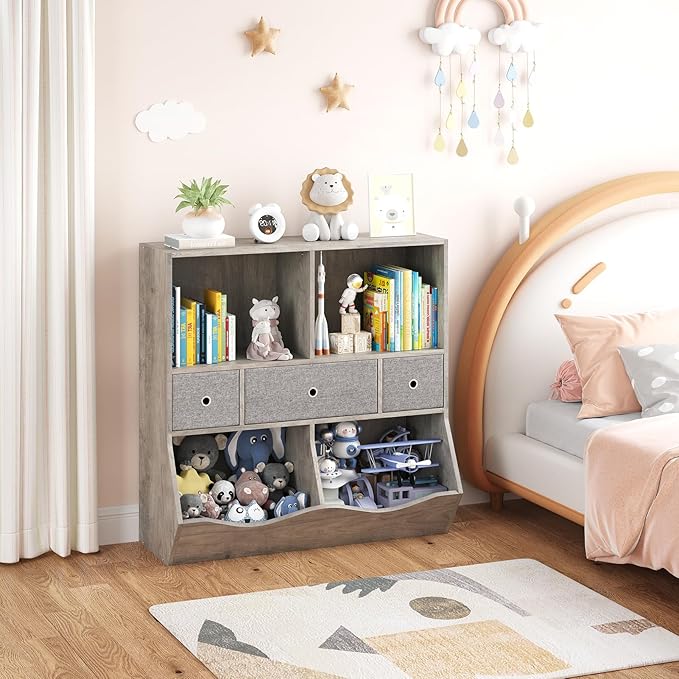 IDEALHOUSE 7-Cubby Large Kids Toy Storage Organizer, Children Wood Bookcase and - Image 4