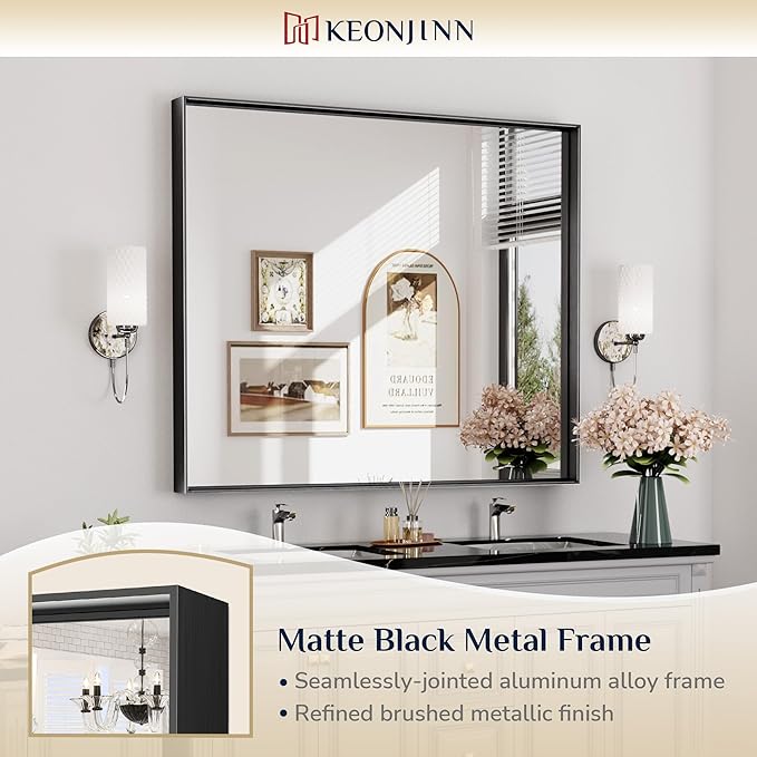 Keonjinn Black Framed Mirror 42 x 36 Inch Bathroom Vanity Mirror - Image 6