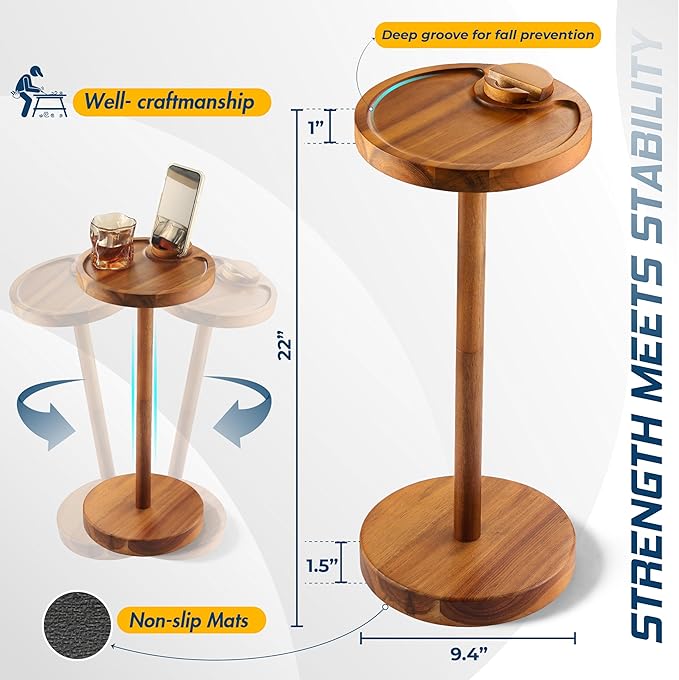 Pedestal Side Table, Acacia Drink Table - Image 2