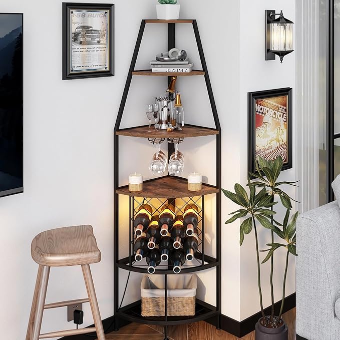 5-Tier Corner Wine Rack with LED Light Floor Standing Wine Rack with Glass - Image 2