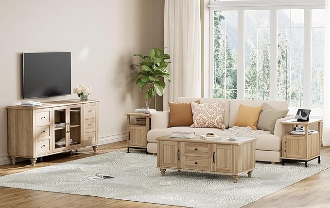 WAMPAT Oak End Table with Charging Station, Sofa Side Table with Storage Cabinet - Image 8