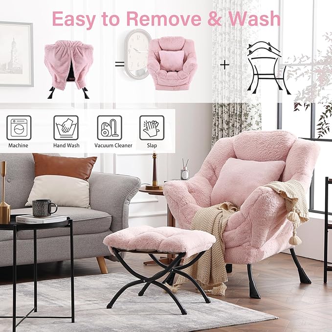 Large Lazy Chair with Ottoman, Accent Reading Chair with a Throw Pillow - Image 6