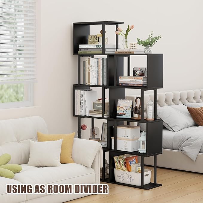 Gadroad 5-Tier Bookshelf, Tall S-Shaped Geometric Bookcase, Wood and Metal - Image 4