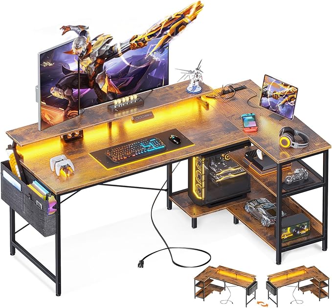 ODK 58 Inch Gaming Desk with USB Charging Ports and LED Lights, Reversible L by ODK
