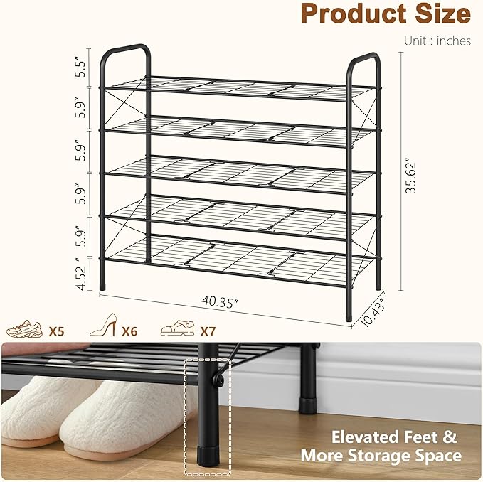 Hoctieon 5 Tier Mesh Style Shoe Rack, Entryway Shoe Shelf, Shoe Storage - Image 3
