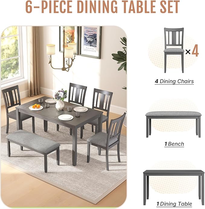 6-Piece Wooden Dining Table Set, Dining Table Set - Image 4