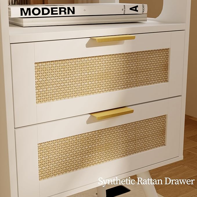 Rattan Nightstand with Charging Station, Farmhouse Bedside Table with 2 Storage - Image 6