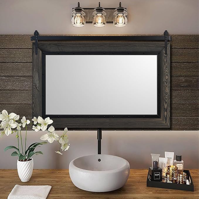 YOSHOOT Farmhouse Barn Door Mirror, Wood Frame Wall Mirror, Wooden Mirror - Image 5