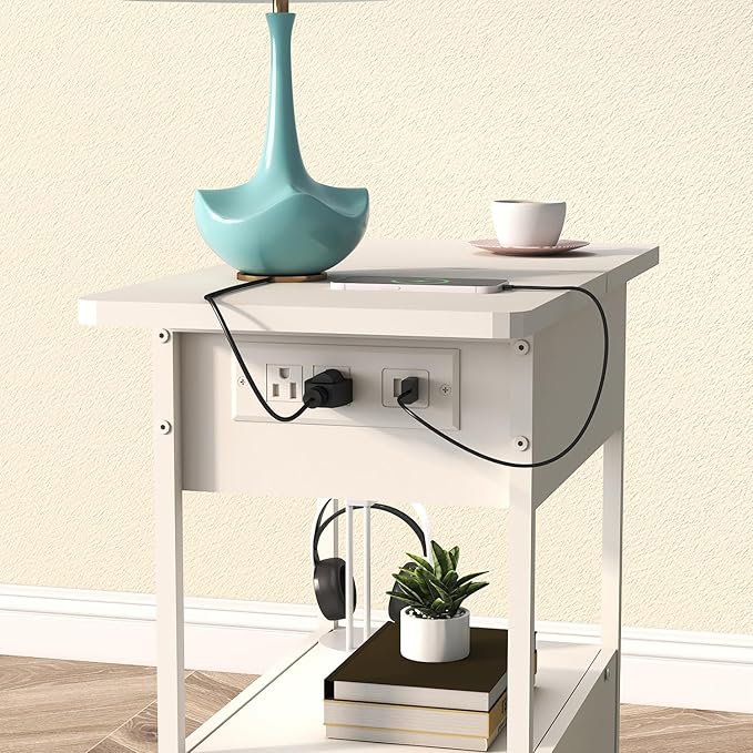 SOOWERY End Table with Charging Station, Narrow Side Table with Flip Top - Image 5