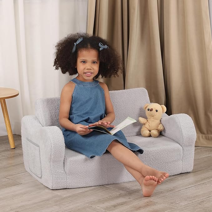 Extra Wide Toddler Chair, 2-in-1 Toddler Couch Fold Out, Convertible Sherpa - Image 7